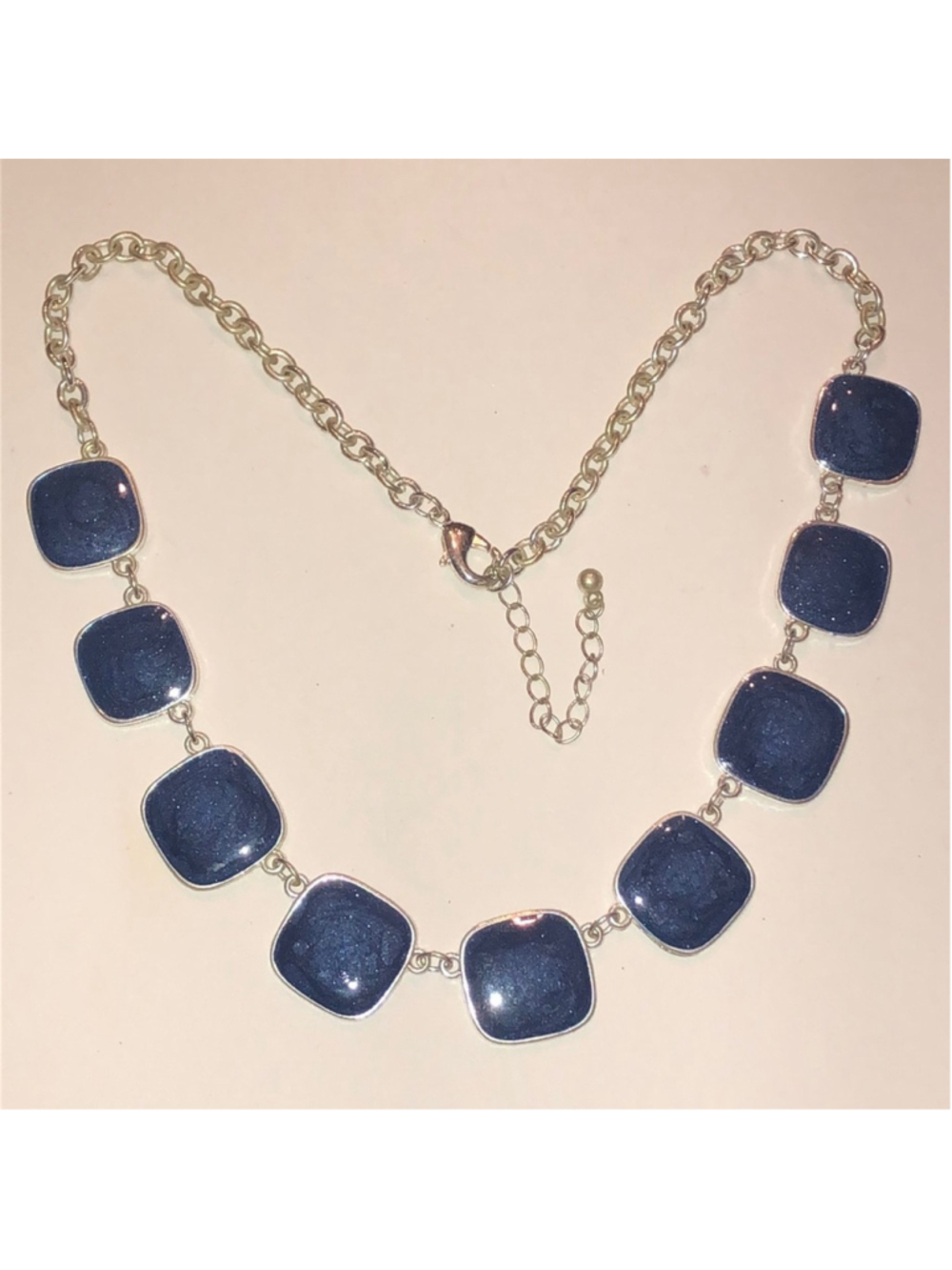 Elegant Silver Tone Blue Shimmer Enamel Statement Necklace